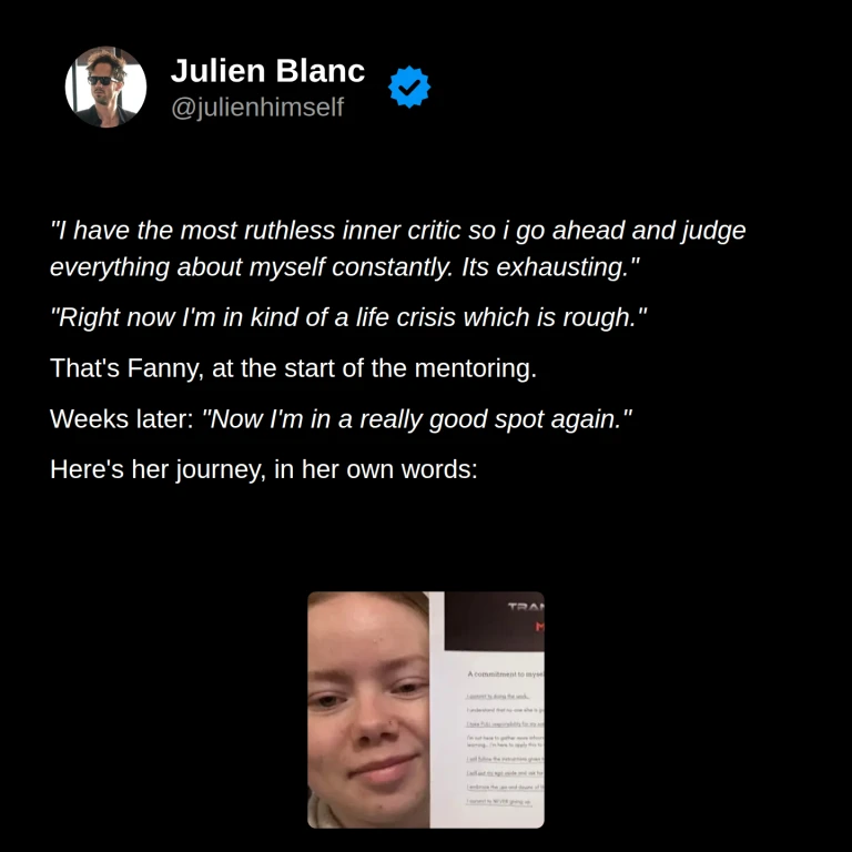 Fanny’s story: she describes an exhausting inner critic and a difficult period in her life, then feeling in a good place again after several weeks.