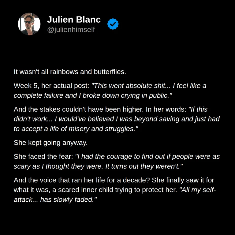 Evilda describes a difficult week 5 experience, continuing despite feeling she had failed, challenging her fear of people, and noticing her self-criticism fade.