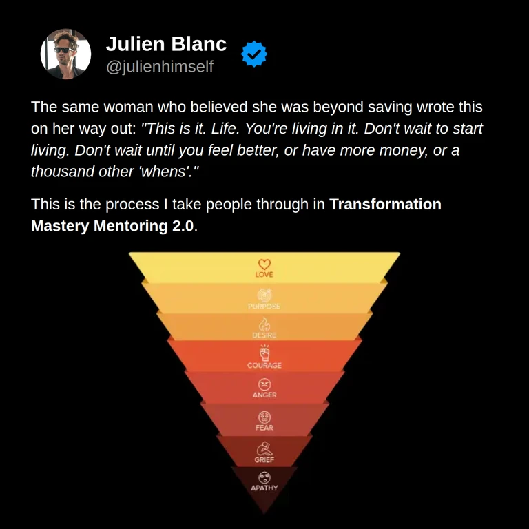 Evilda’s closing words encourage living in the present instead of waiting for circumstances to improve, beside the Transformation Mastery Mentoring emotions pyramid.