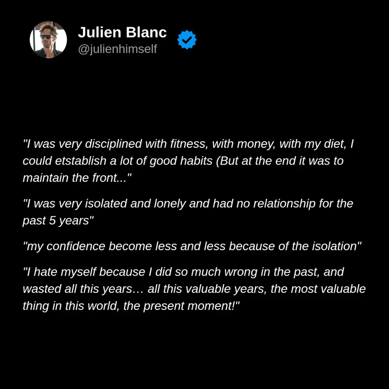 Florian describes using disciplined habits to maintain a front while feeling isolated, losing confidence, and regretting the past.