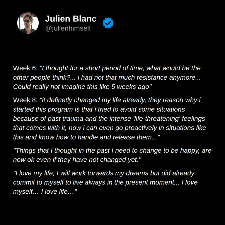 Florian’s weeks 6–8: feeling less resistance, approaching situations he previously avoided, accepting the present, and appreciating himself and his life.
