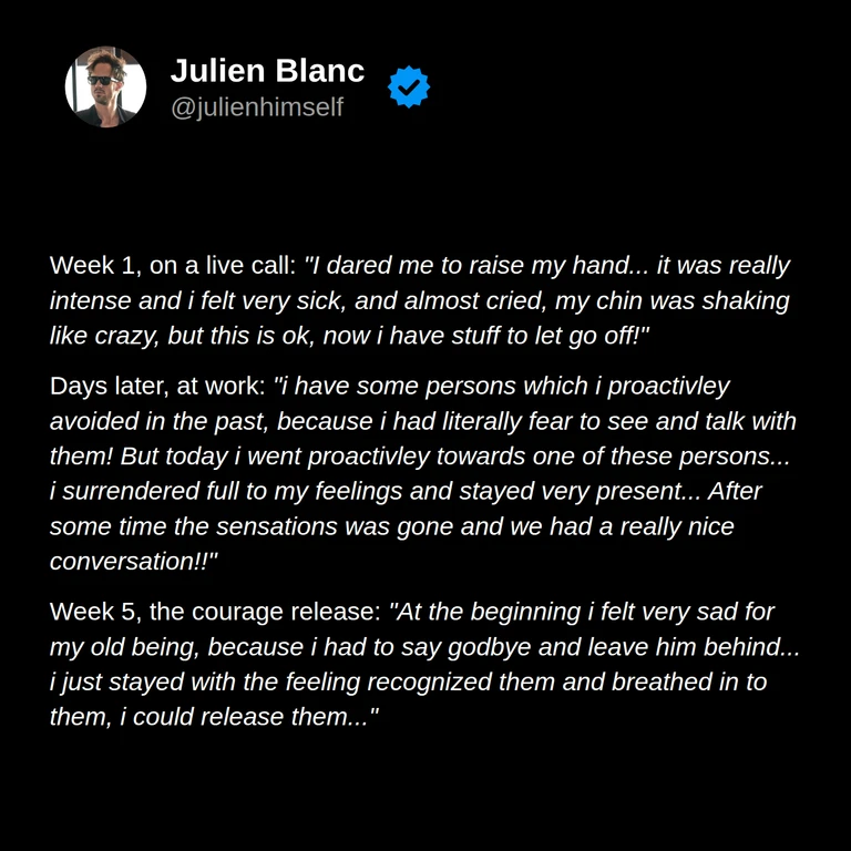 Florian describes raising his hand on a live call, approaching a colleague he had avoided, and sitting with sadness during the courage release.
