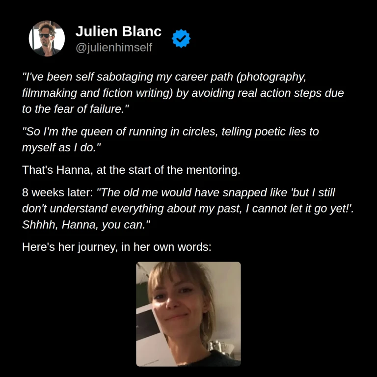 Hanna Hagelin’s story: she describes avoiding steps in her creative career because of fear of failure, then realizing she can let go without understanding every detail of her past.