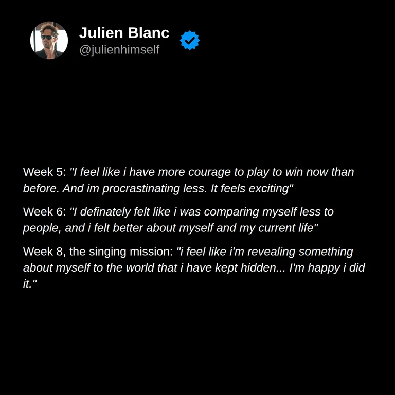 Gustav’s later reflections describe greater courage, less procrastination and comparison, and sharing a previously hidden part of himself by singing.