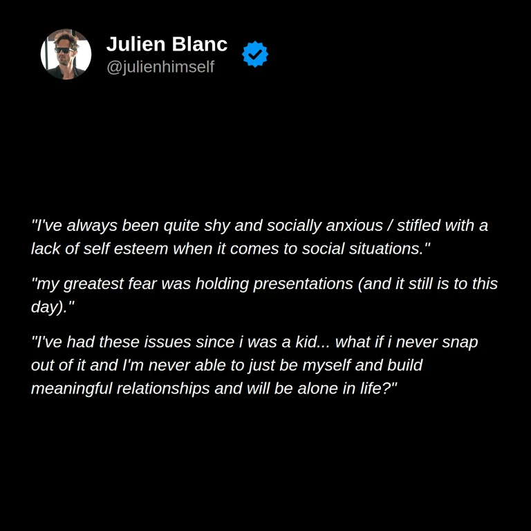 Gustav describes shyness, social anxiety, fear of presentations, and worries about whether he could be himself and build meaningful relationships.