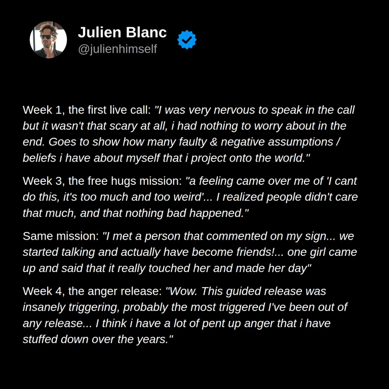 Gustav describes speaking on the first live call, challenging his fears during the free hugs mission, making a friend, and recognizing pent-up anger during a guided exercise.