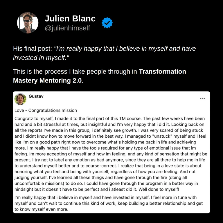 Gustav’s original final post celebrates his growth, greater self-acceptance, belief in himself, and desire to continue building a better relationship with himself.