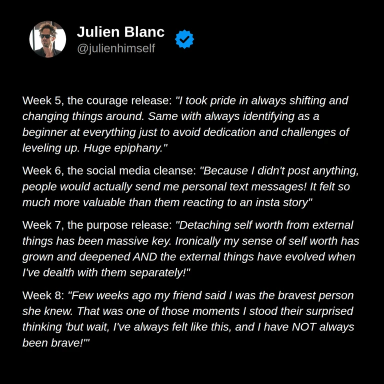 Hanna Hagelin describes recognizing avoidance of commitment, enjoying personal messages during a social media break, separating self-worth from external outcomes, and being seen as brave.