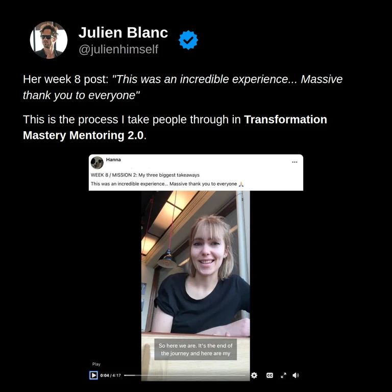 Hanna Hagelin’s original week 8 post and video screenshot express gratitude for the experience and introduce her three biggest takeaways.