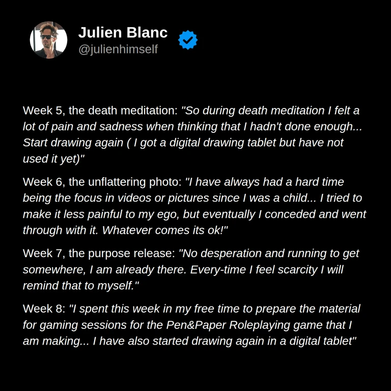 Ion describes facing a photo challenge, feeling less desperation, preparing a roleplaying game, and starting to draw again.