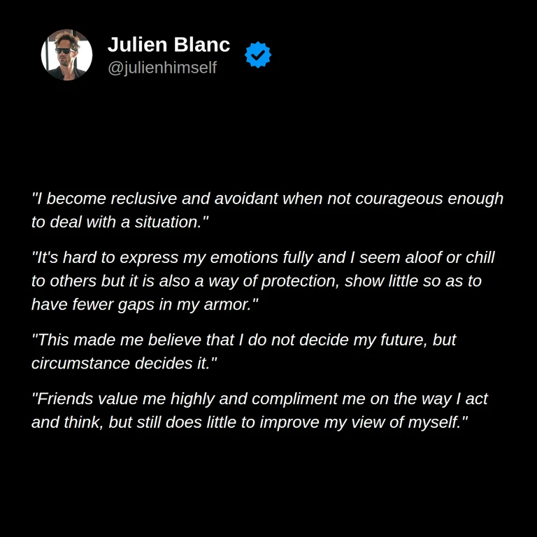 Ion describes becoming reclusive, protecting himself by hiding emotions, feeling controlled by circumstances, and struggling to accept praise.
