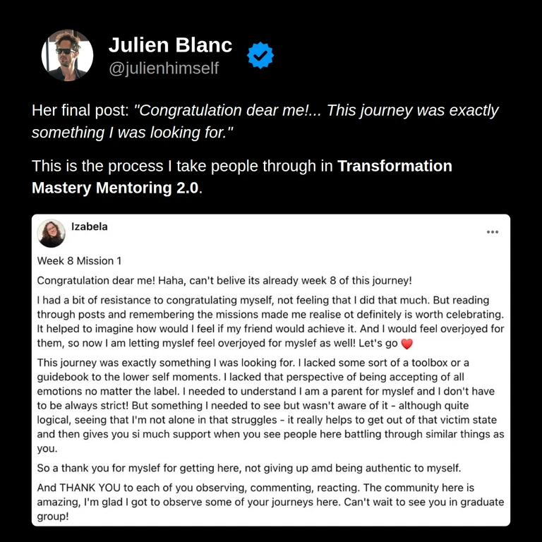Izabela’s original week 8 post celebrates her progress, accepting her emotions, treating herself less strictly, and finding support in the community.