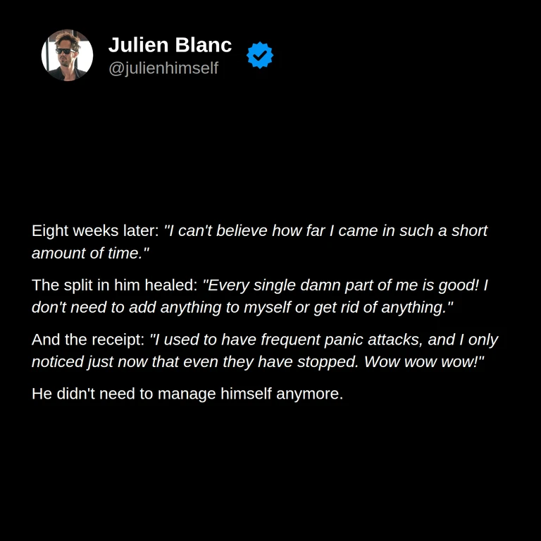 Jeremy’s eight-week reflection describes accepting every part of himself and noticing that the frequent panic attacks he previously experienced had stopped.