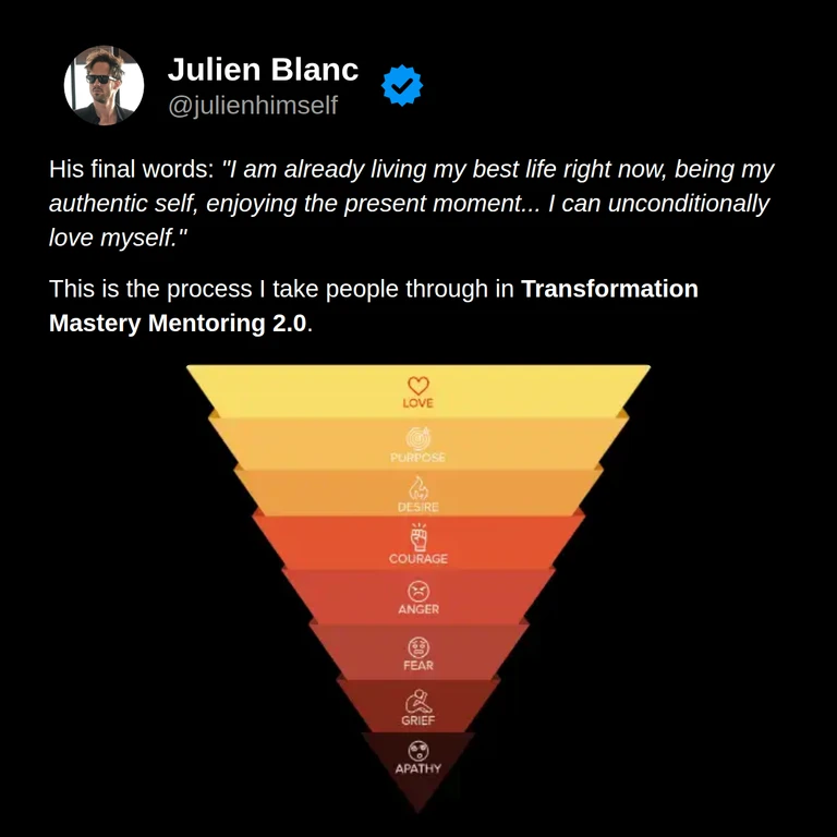 Jeremy’s final words describe living authentically, enjoying the present moment, and loving himself, beside the Transformation Mastery Mentoring emotions pyramid.