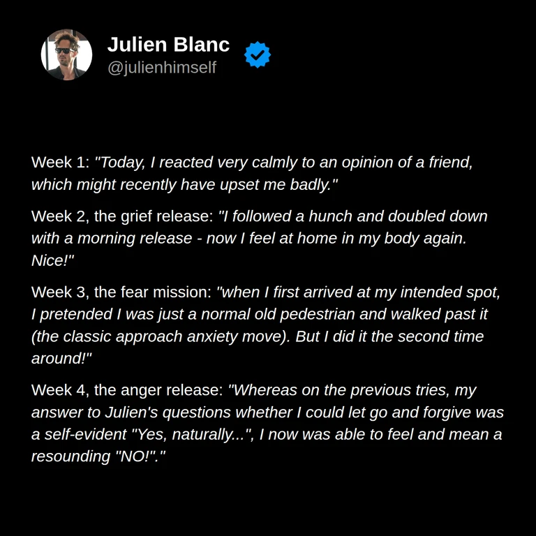 Johannes’s weeks 1–4: responding calmly to a friend, feeling at home in his body, completing a fear challenge on a second attempt, and honestly recognizing resistance to forgiveness.