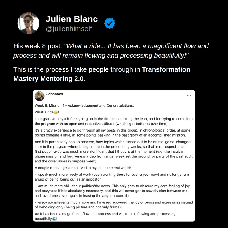 Johannes’s original week 8 post reflects on the connections between earlier exercises and later changes, greater ease at work, and more enjoyment of social events.