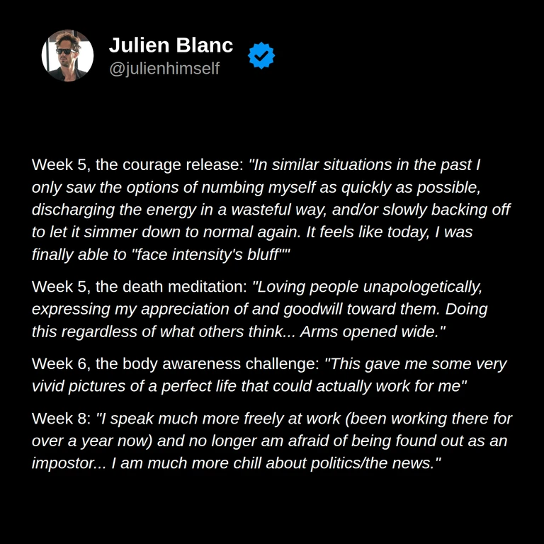 Johannes’s weeks 5–8: facing intense feelings, expressing appreciation for others, imagining a fulfilling life, and speaking more freely at work.
