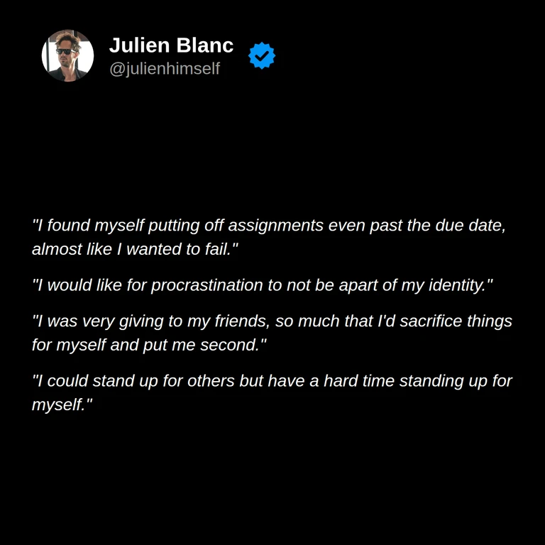 Julia describes procrastination, sacrificing her needs for friends, and finding it harder to stand up for herself than for others.