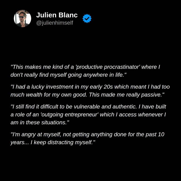 Joni describes productive procrastination, passivity after an early investment success, difficulty being vulnerable, and distracting himself from meaningful action.