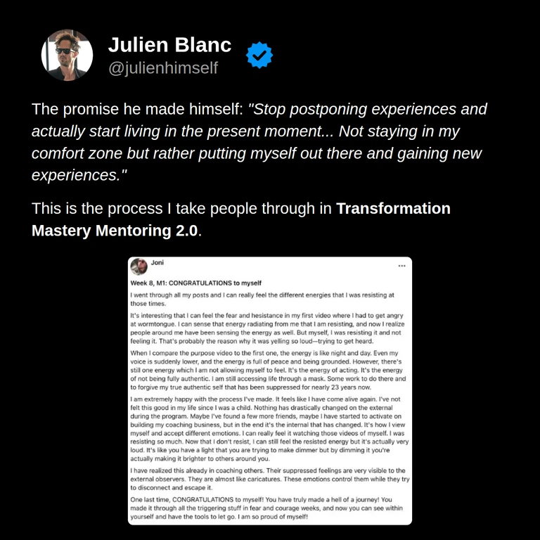 Joni’s closing reflection promises to stop postponing experiences and live more fully in the present, alongside his original week 8 congratulations post.