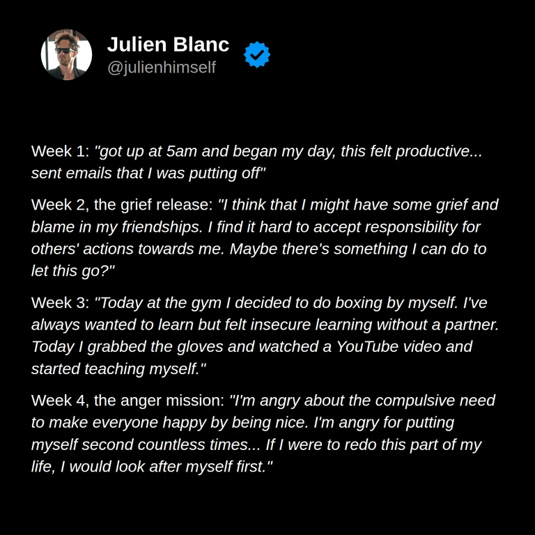 Julia describes completing delayed emails, reflecting on friendships, learning boxing on her own, and recognizing a pattern of putting herself second.