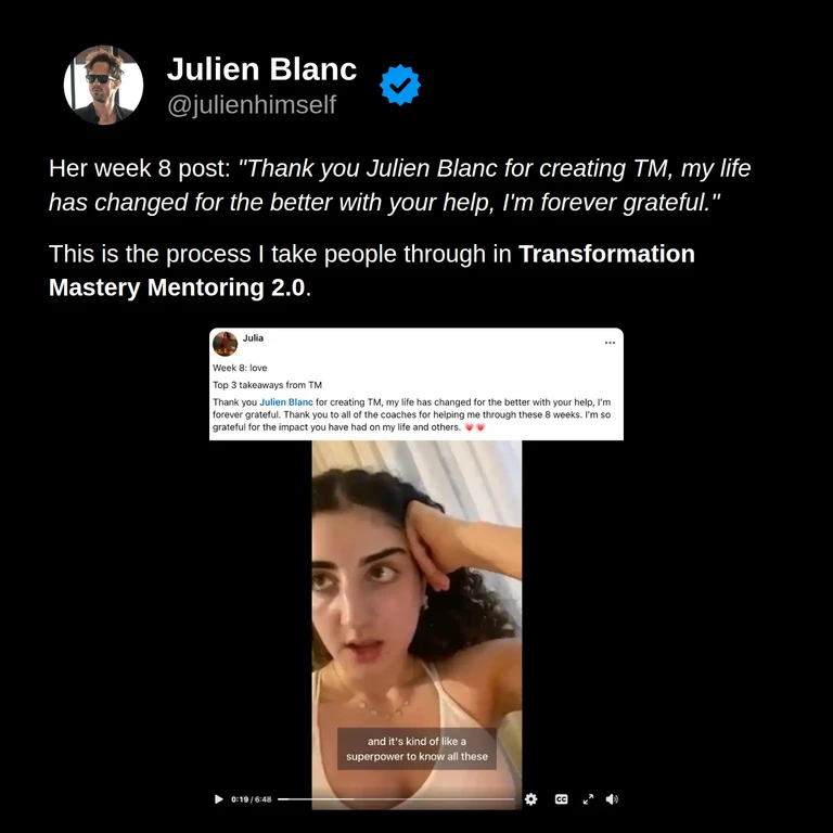 Julia’s original week 8 post thanks Julien and the coaches and describes positive changes in her life, with a screenshot of her video.