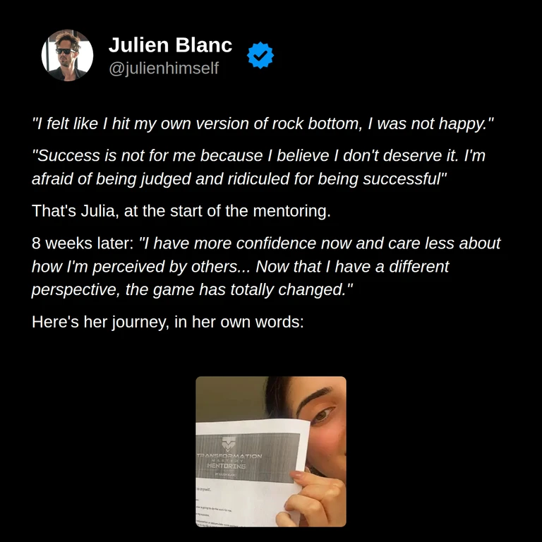 Julia’s story: she describes feeling unhappy and afraid of success, then gaining confidence and caring less about how others perceive her.