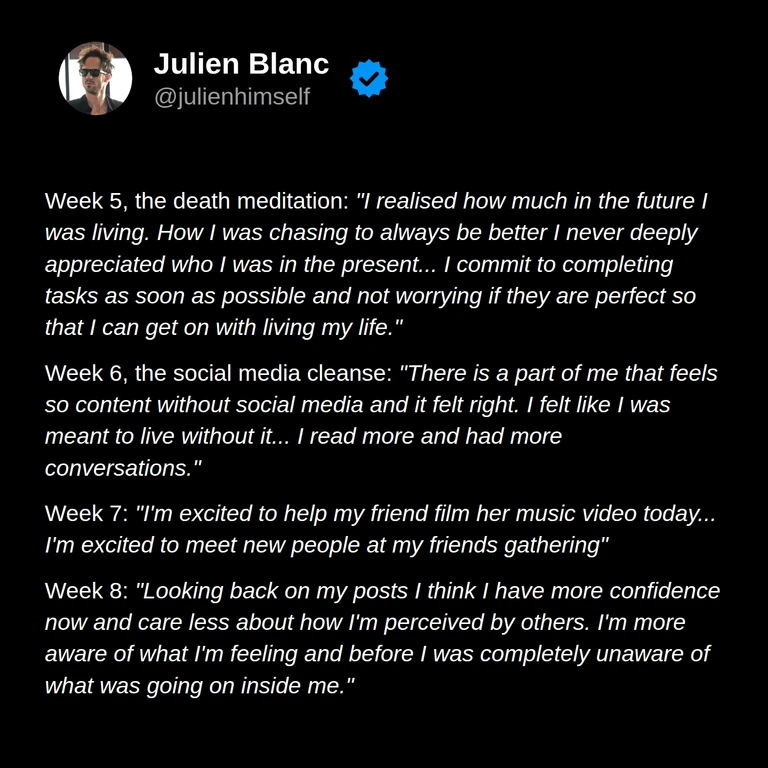 Julia reflects on perfectionism, appreciating the present, taking a social media break, meeting people, and becoming more aware of her feelings.