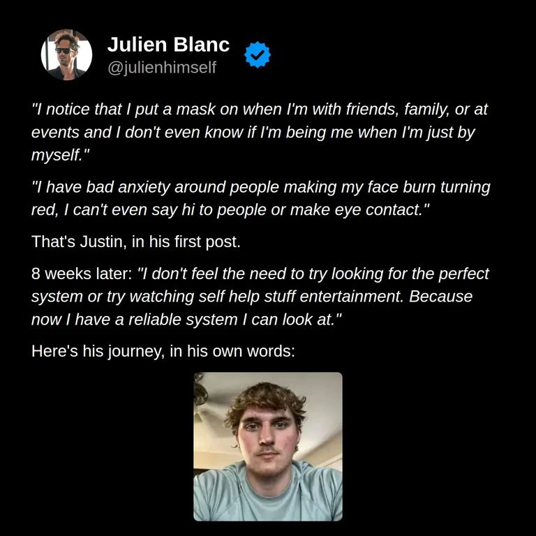 Justin’s story: he describes hiding behind a mask and feeling anxious around others, then finding a reliable set of tools after eight weeks.