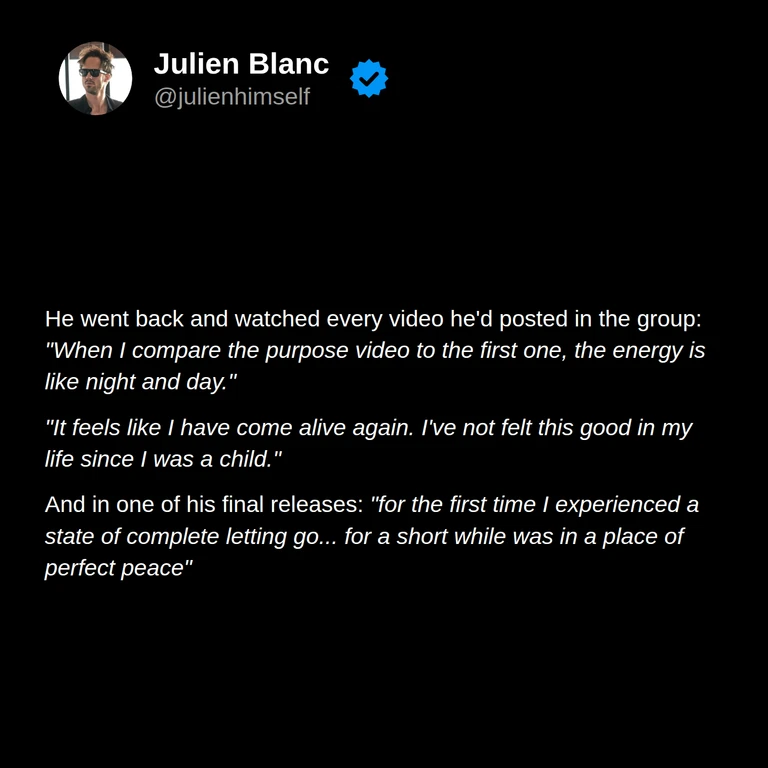 Joni describes seeing a marked change in his energy when reviewing his videos, feeling alive again, and experiencing a brief state of peace during an exercise.