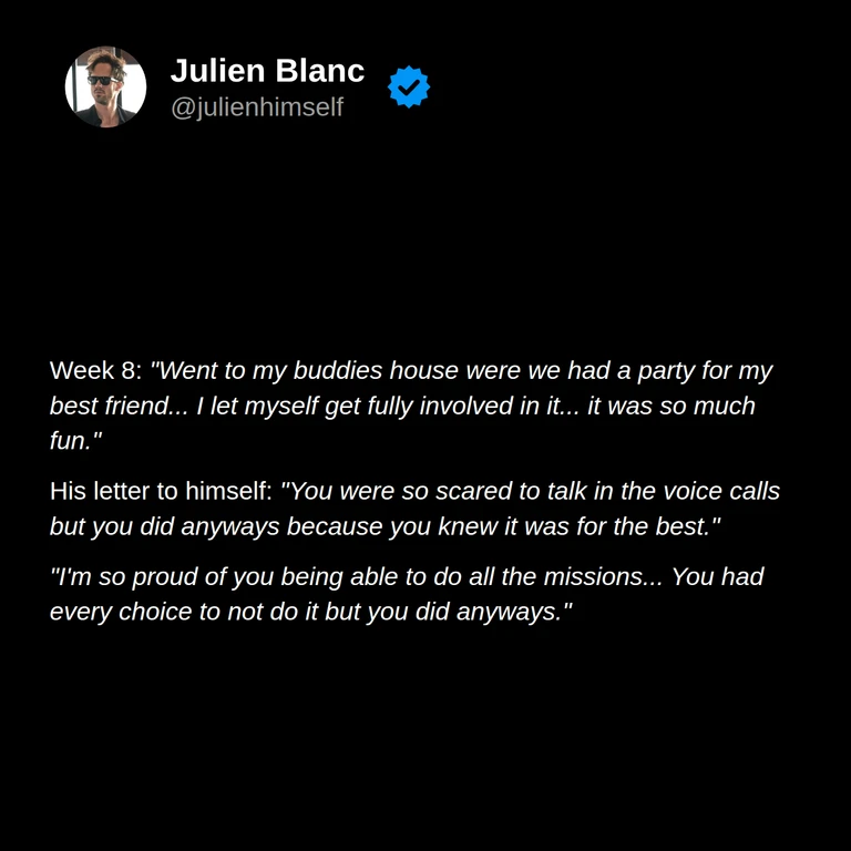 Justin describes enjoying a friend’s party and taking pride in speaking on calls and completing difficult missions despite his fear.