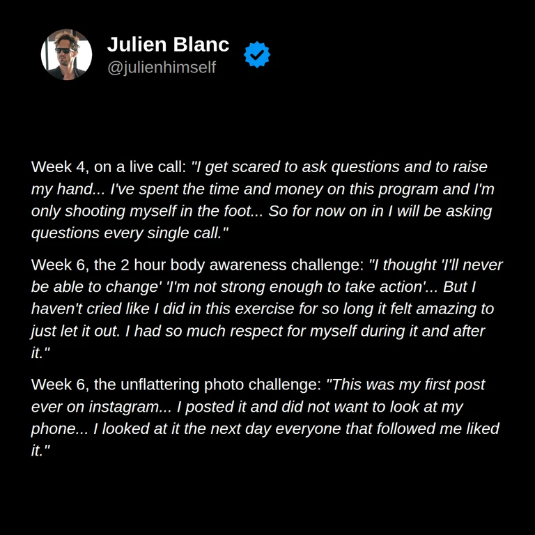 Justin describes committing to ask questions on calls, experiencing tears and self-respect during a body awareness exercise, and sharing his first Instagram post.