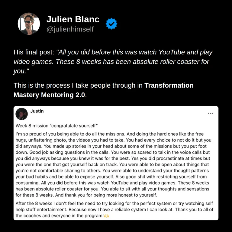 Justin’s original week 8 post celebrates completing challenges, asking questions, becoming more honest with himself, reducing passive consumption, and finding reliable tools.