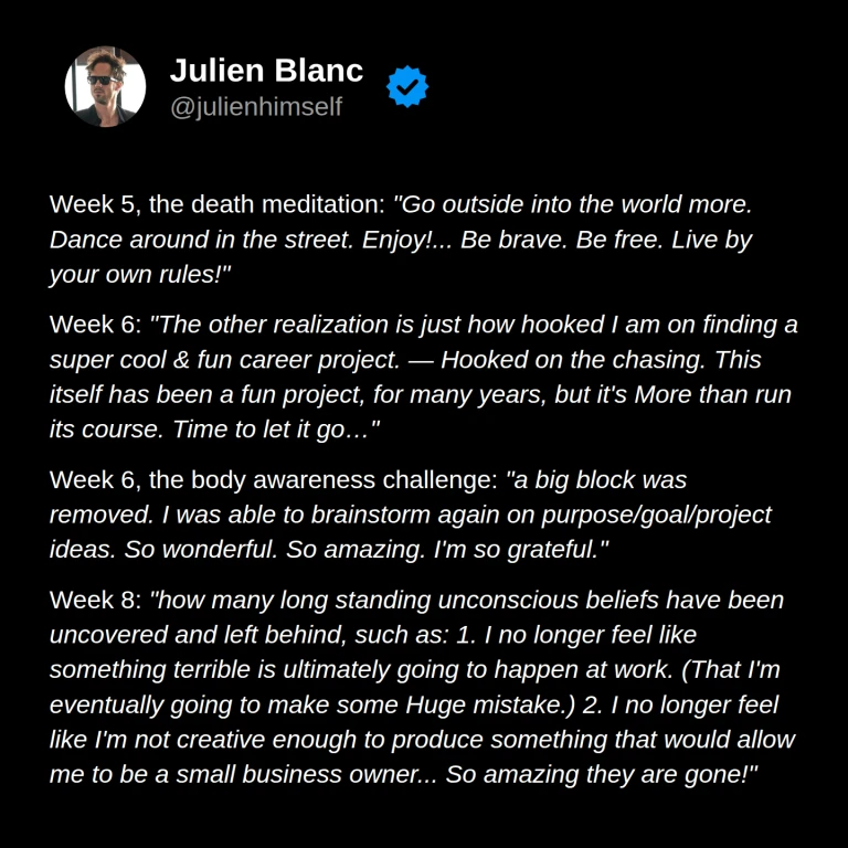 Laura’s weeks 5–8: engaging more with life, letting go of chasing a perfect career, finding creative ideas, and releasing fears about work.