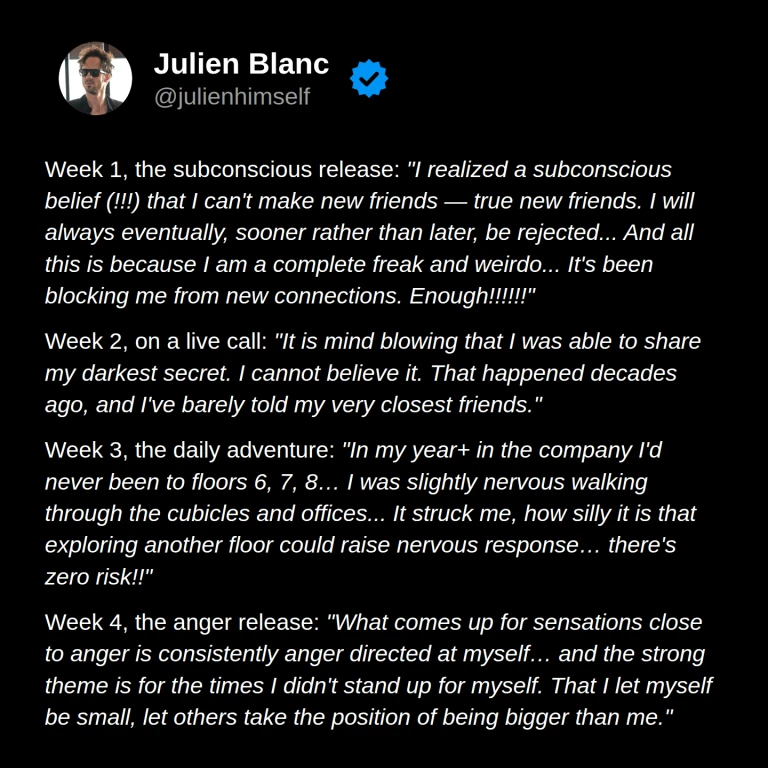 Laura’s weeks 1–4: recognizing fear of rejection, sharing a long-held secret, exploring her workplace, and facing anger toward herself.