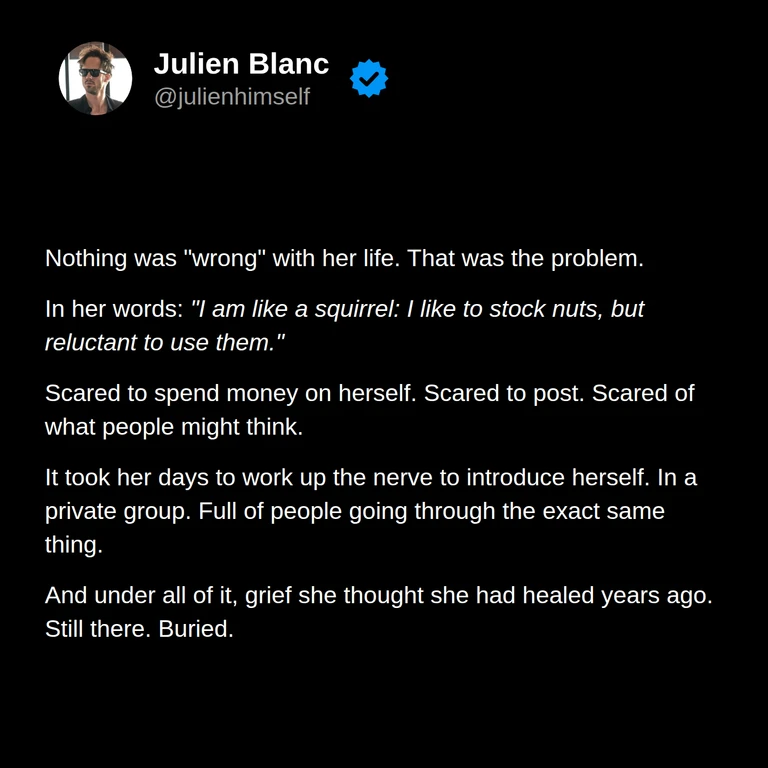 Lorène’s story describes reluctance to spend on herself, fear of posting and others’ opinions, difficulty introducing herself to the group, and grief she thought she had already addressed.
