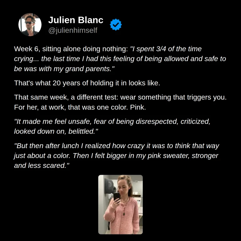 Marine’s week 6: allowing herself to feel safe, facing the discomfort of wearing pink at work, and feeling stronger and less scared.