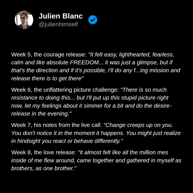 Lorenz’s weeks 5–8: glimpsing freedom, posting an unflattering picture despite resistance, noticing gradual change, and feeling more united within himself.