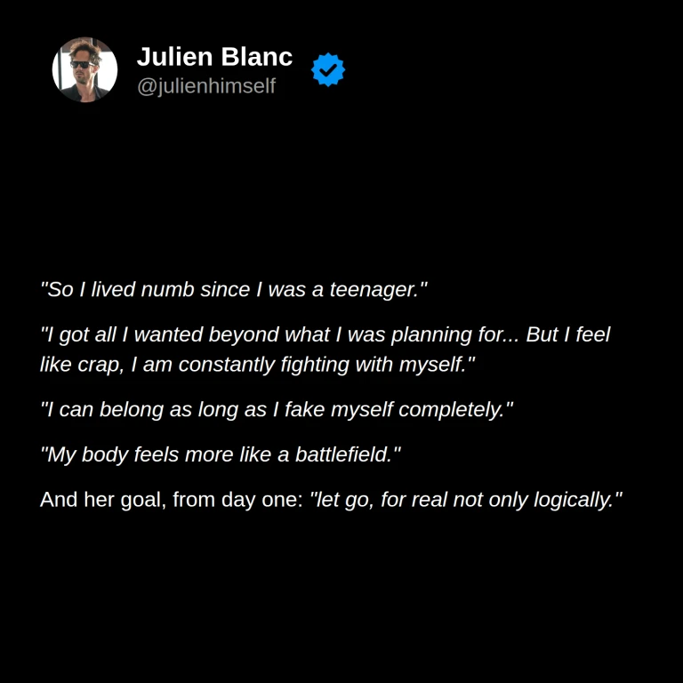 Marine describes feeling numb since her teenage years, fighting with herself, and wanting to truly let go.