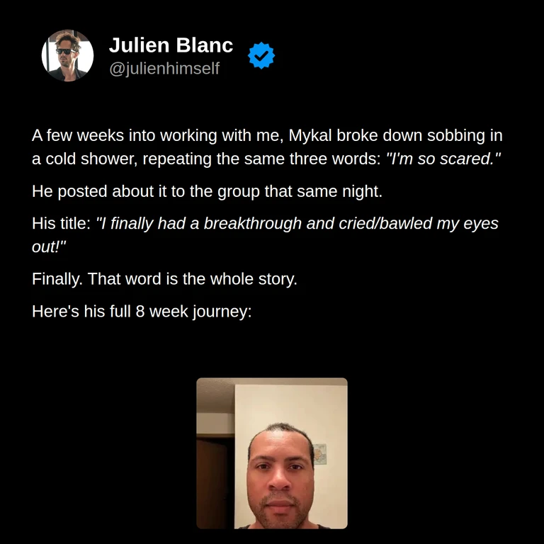 Mykal’s story opens with his account of finally crying during a cold shower and sharing the breakthrough with the group during his eight-week journey.