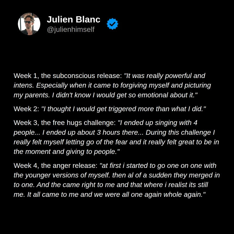 Menno reflects on self-forgiveness, unexpected emotions during exercises, singing with strangers during a free hugs challenge, and feeling more connected with himself.