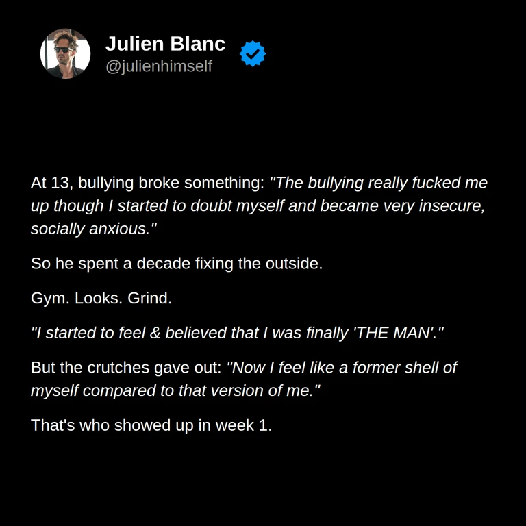 Mykal describes bullying at age 13, growing insecurity, trying to build confidence through his appearance and hard work, and later feeling that confidence fade.