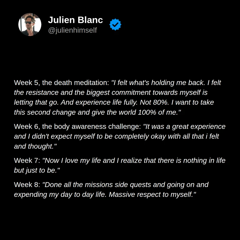 Menno describes committing to experience life fully, accepting his feelings during a body awareness challenge, and celebrating completion of the missions.