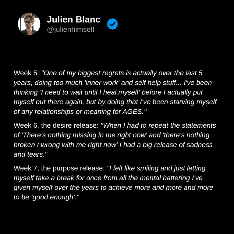 Sam reflects on postponing relationships while trying to heal himself, feeling sadness during an exercise, and giving himself a break from relentless pressure to achieve.