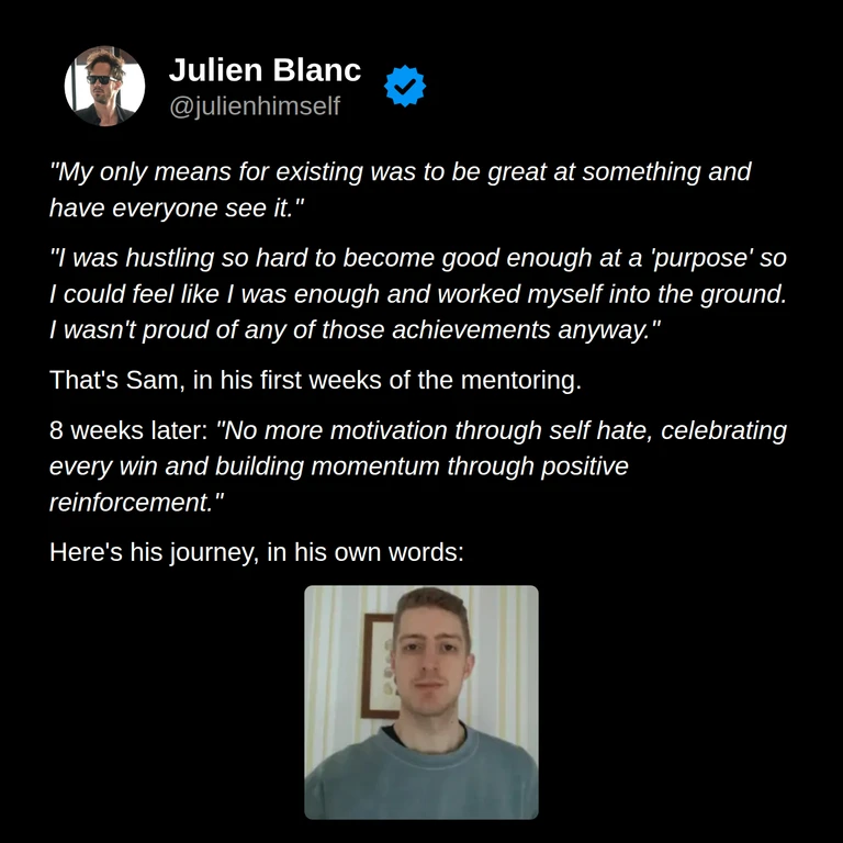 Sam’s story: he describes exhausting himself to prove his worth through achievement, then learning to celebrate wins and motivate himself with positive reinforcement.
