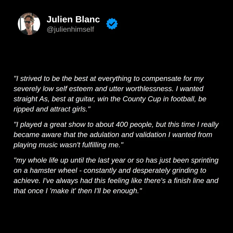 Sam describes striving to excel to compensate for low self-esteem, feeling unfulfilled after a successful show, and constantly chasing a point where he would feel enough.