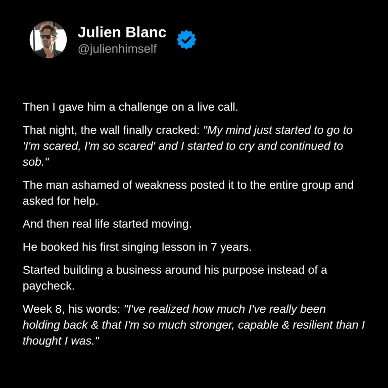Mykal describes a crying breakthrough after a live-call challenge, asking the group for help, returning to singing lessons, starting a business, and feeling more capable by week 8.