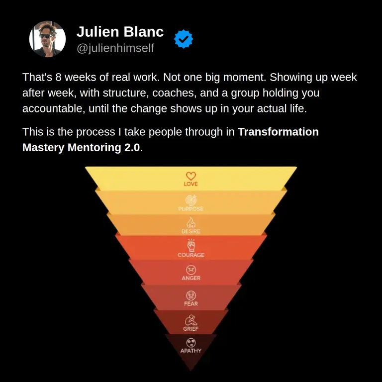 Mykal’s closing slide emphasizes eight weeks of consistent work, coaching, and group accountability, beside the Transformation Mastery Mentoring emotions pyramid.