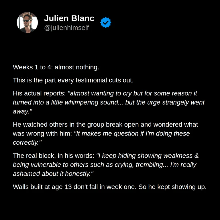 Mykal describes little apparent change during weeks 1–4, questioning whether he was doing the exercises correctly, feeling ashamed of vulnerability, and continuing to participate.