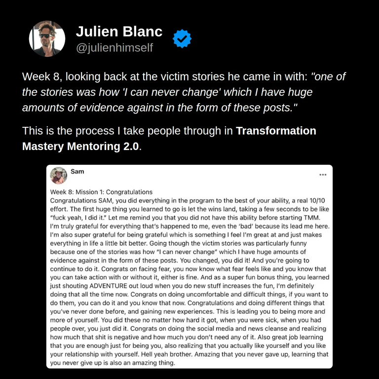 Sam reflects on evidence that he can change, with his original week 8 congratulations post from Transformation Mastery Mentoring 2.0.